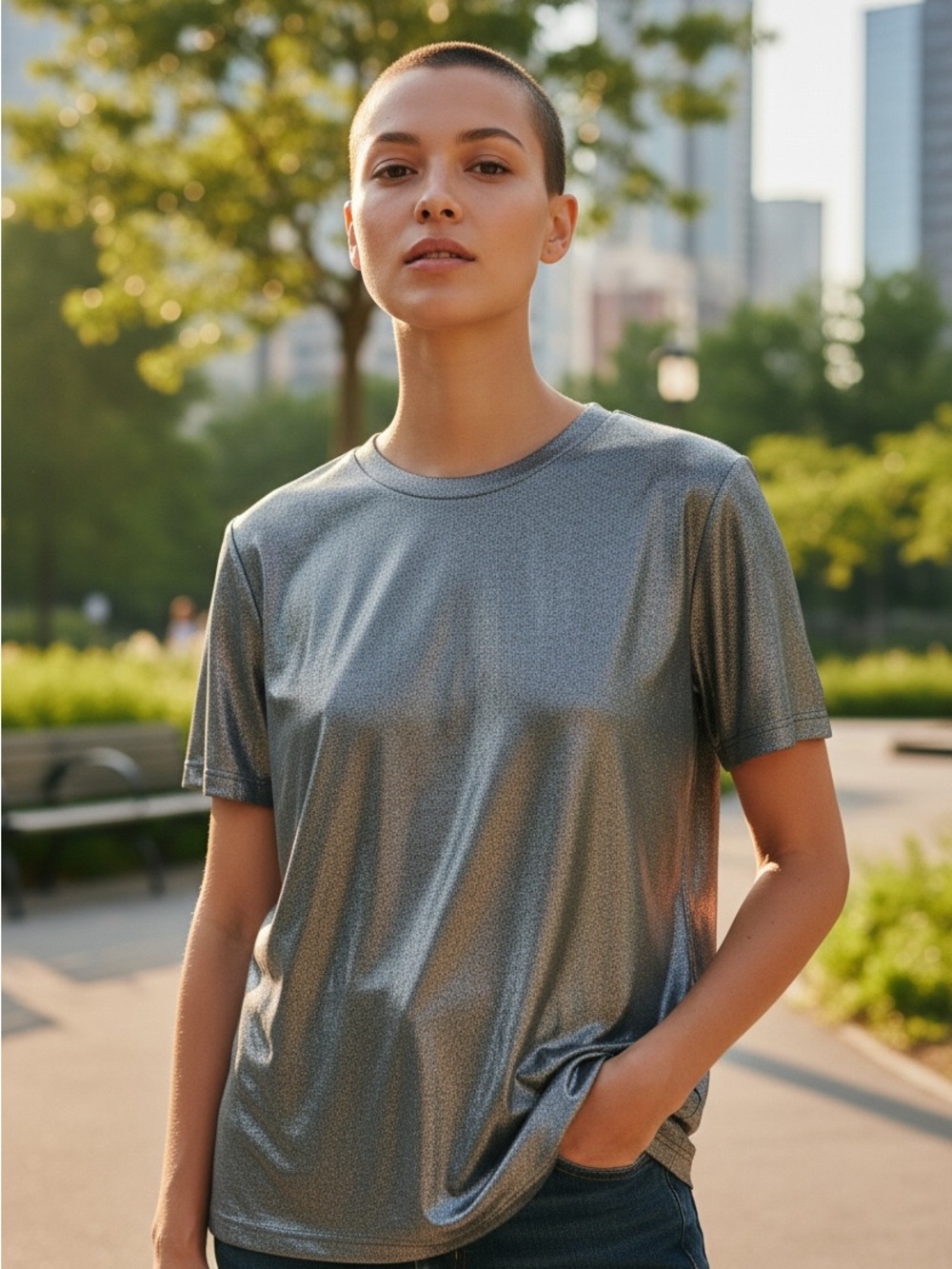 Metallic Silver Short Sleeve Crew Tee by Peter Nygård S